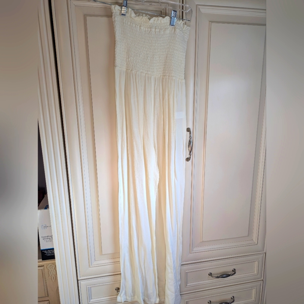 Strapless Jumpsuit, sheer pants with scrunched top, white/cream color, size S